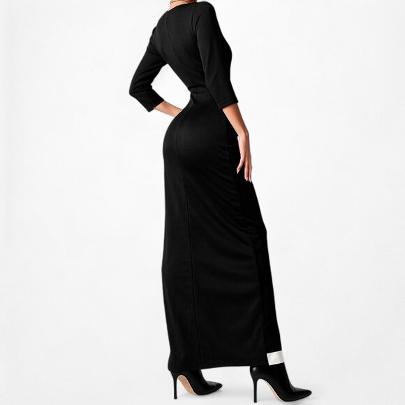 Black Button Front Colorblock Knit Front Slit Bodycon Maxi Dress Size S/M - Picture 3 of 7